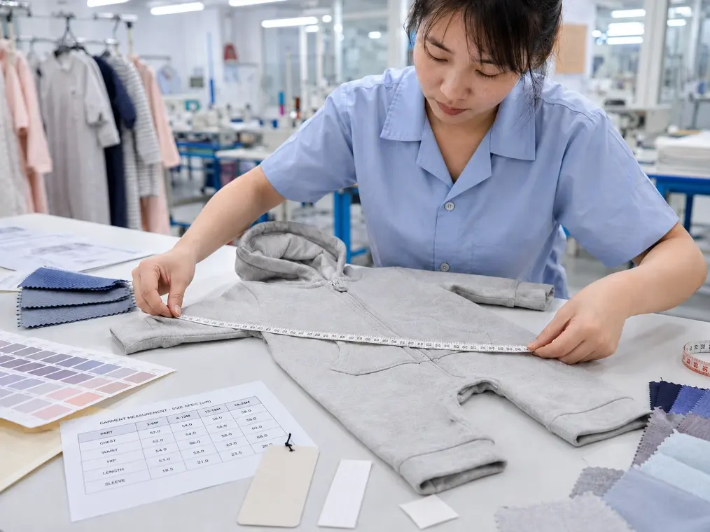 Garment technician measuring a kidswear fit sample during OEM sampling and size approval