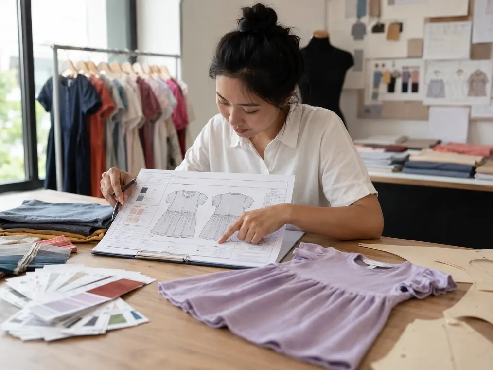 Kidswear designer reviewing a garment tech pack, fabric swatches, and sample pieces for OEM production