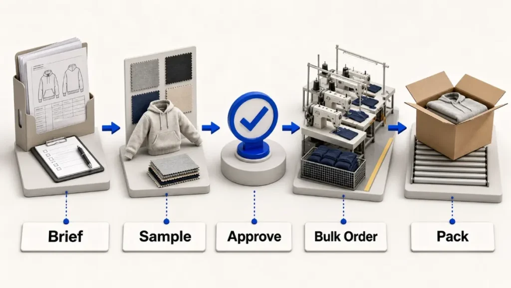 OEM clothing manufacturing workflow from product brief to bulk production and packing.