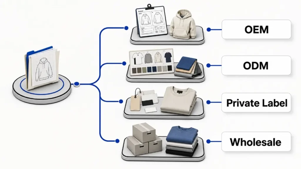 Comparison of OEM, ODM, private label, and wholesale clothing production routes.