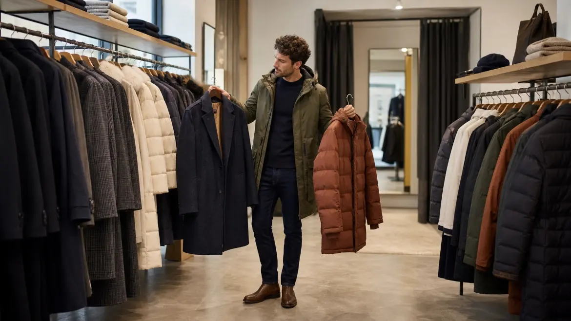 [best-time-to-buy-winter-coat-selection-vs-price.png](E:/Documents/文章创作/outputs/2026-08-28-winter-coat-blog-images/best-time-to-buy-winter-coat-selection-vs-price.png) متسوق يقارن بين معاطف شتوية معروضة على رف كامل للموسم ورف عرض أصغر للتخفيضات