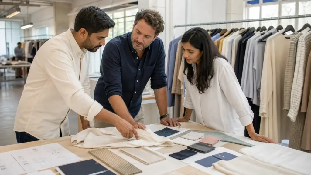 L'équipe de sourcing de la marque examine des échantillons de vêtements avec un fabricant de vêtements indien.