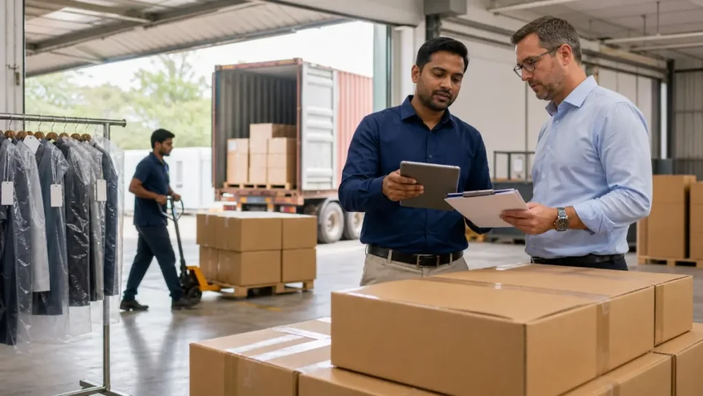 Un inspecteur qualité mesure un vêtement fini dans une usine de confection indienne