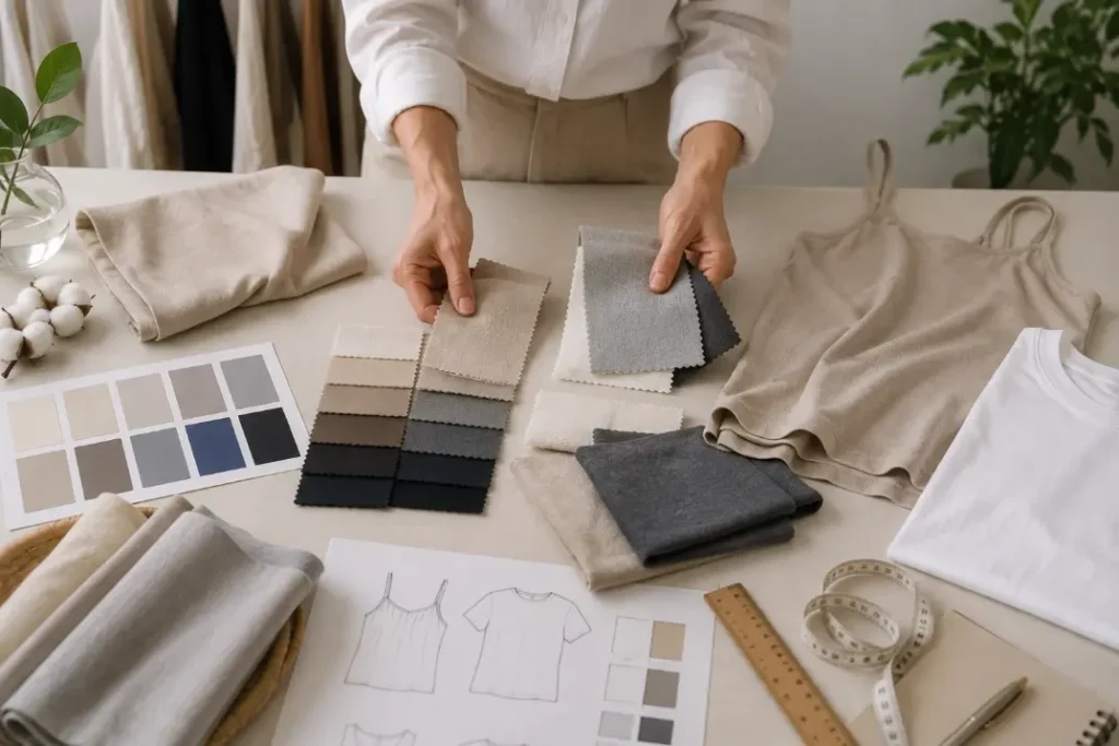 Fabric swatches, garment sketches, and material selection for modal cotton blend development