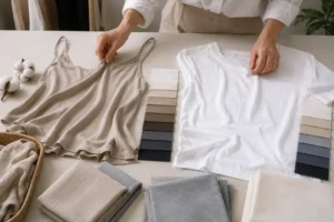 Modal vs cotton fabric comparison with neutral garments and fabric swatches on a design table