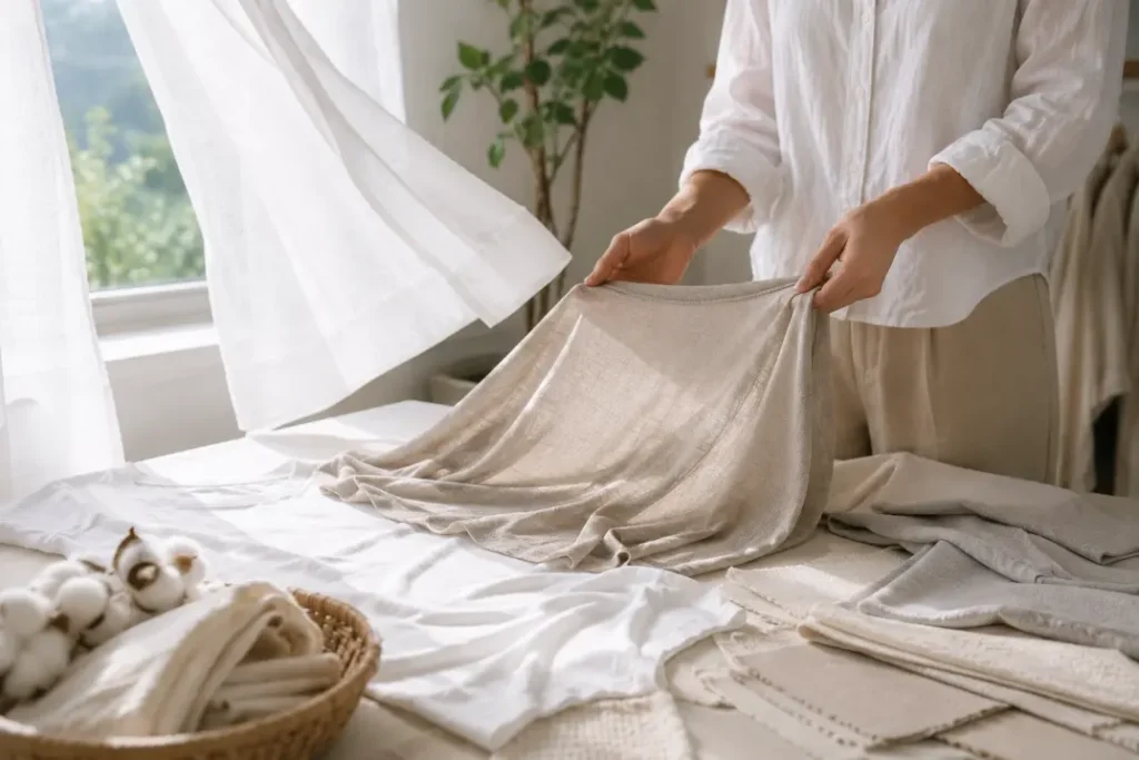 Minimal clothing display showing modal and cotton garments for everyday apparel applications