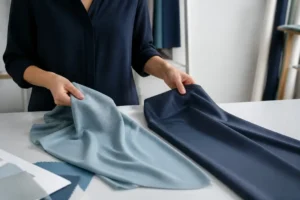 Apparel developer comparing soft Modal and structured polyester fabric swatches in a design studio