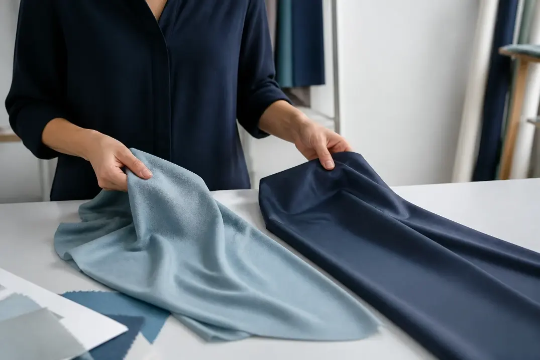 Une créatrice de vêtements compare des échantillons de tissu modal souple et de polyester structuré dans un studio de design.