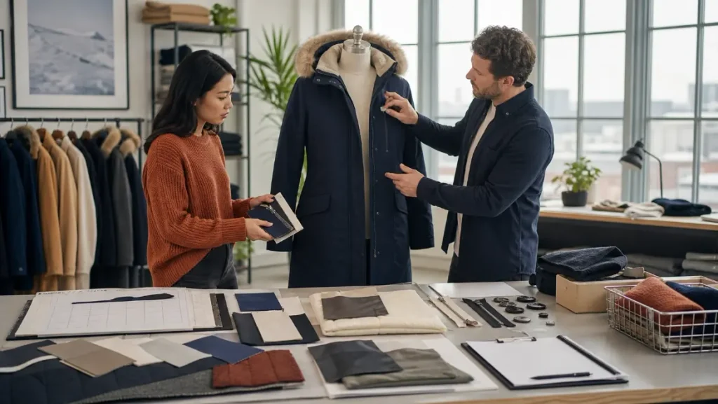 Apparel buyer reviewing winter coat samples, fabric swatches and a seasonal launch calendar