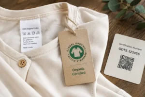 Organic cotton children's clothing with sustainability certification tag and garment label
