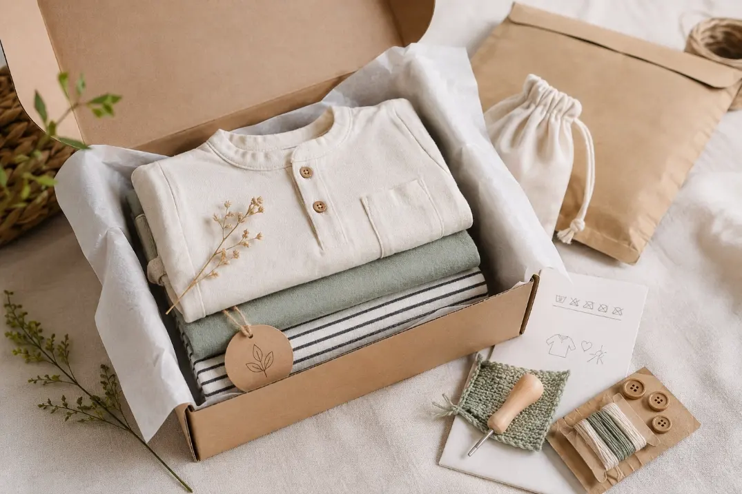 Sustainable kidswear packed in paper packaging with care and repair materials
