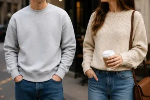Man wearing a casual sweatshirt and woman wearing a knitted sweater showing differences in fit and style
