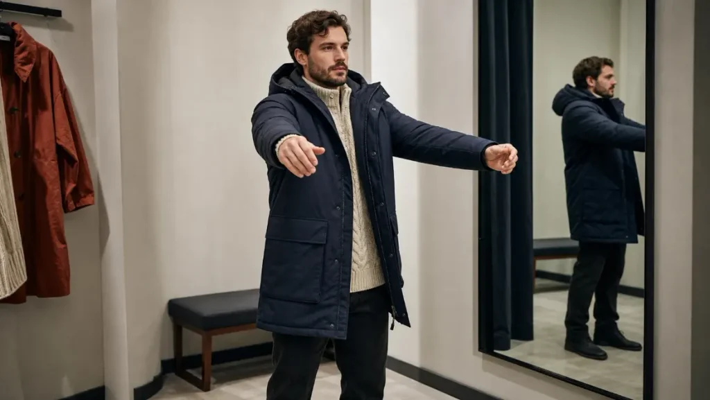 Winter coat laid out with garment details, receipt and return information for a sale-value check