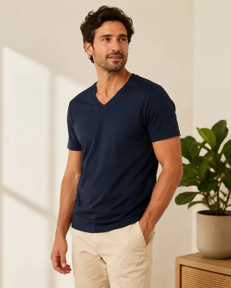 Model wearing a navy V-neck T-shirt with a medium-depth V neckline