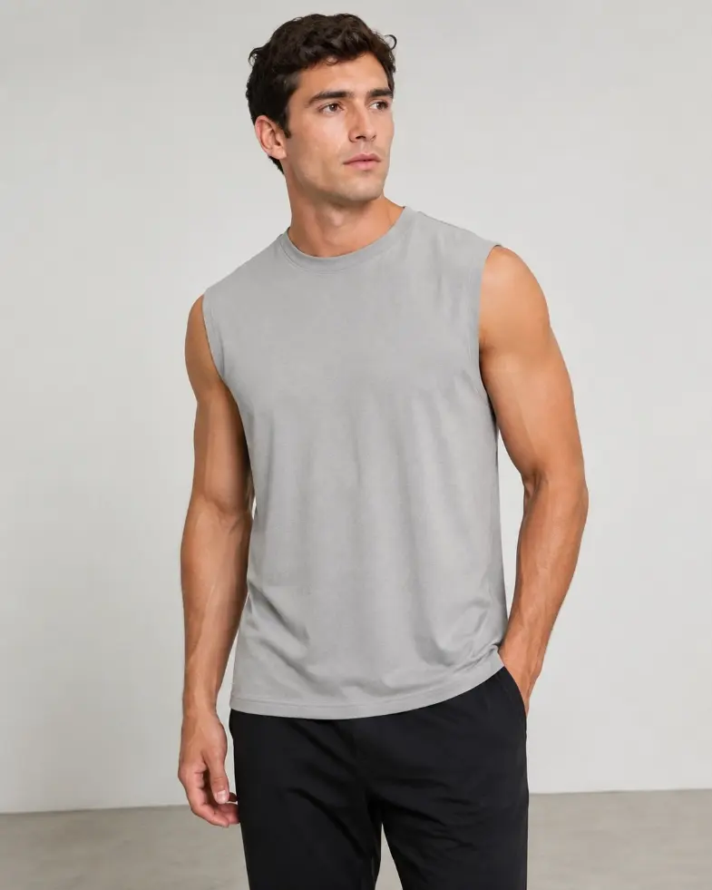 Model wearing a gray sleeveless T-shirt with finished armholes