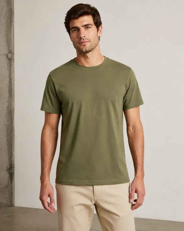 Model wearing an olive regular-fit T-shirt with balanced room through the body