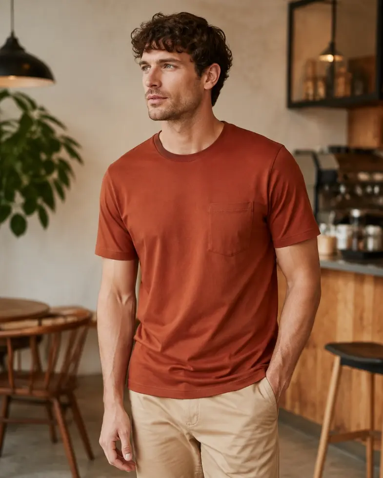 Model wearing a rust pocket T-shirt with a patch pocket on the left chest