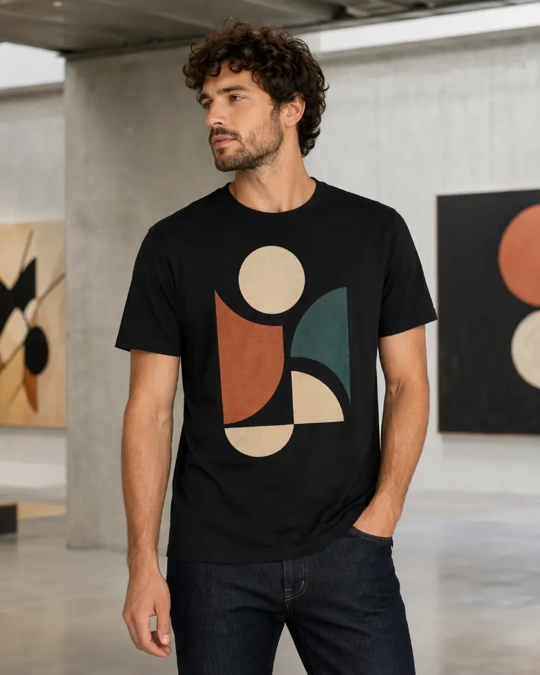 Model wearing a black graphic T-shirt with an abstract geometric print