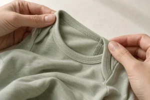 Hands inspecting the inner neckline seam and soft jersey fabric of a sage green baby bodysuit.