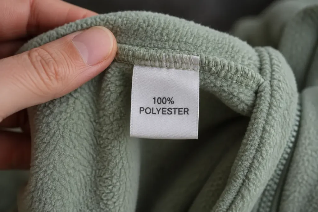 Hand holding a sage green fleece garment with a label reading 100% polyester.