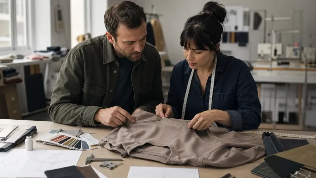 Boutique product developer and apparel technician inspecting a garment sample before production