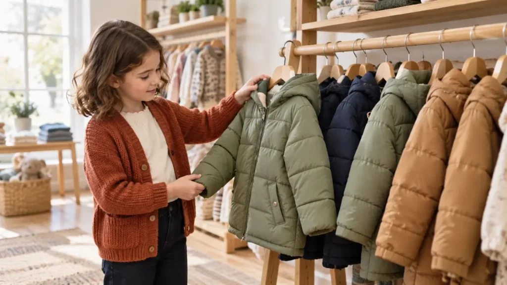 A child in a rust-colored cardigan looks at a sage-green winter coat in a clothing boutique.