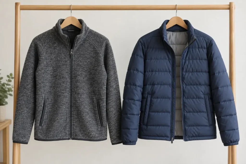 Une veste polaire anthracite à côté d'une veste matelassée bleu marine à doublure grise lisse.