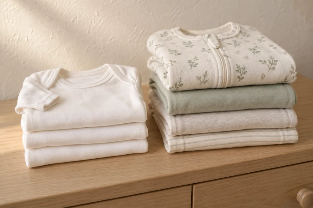 Neatly folded baby bodysuits and zippered sleepers in cream and sage tones on a wooden dresser.