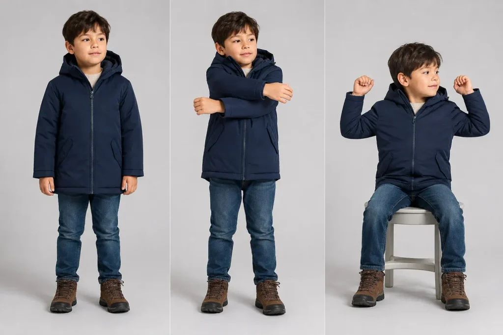 Three kids’ winter coat systems arranged for comparison, including a parka, puffer jacket, and layered waterproof shell