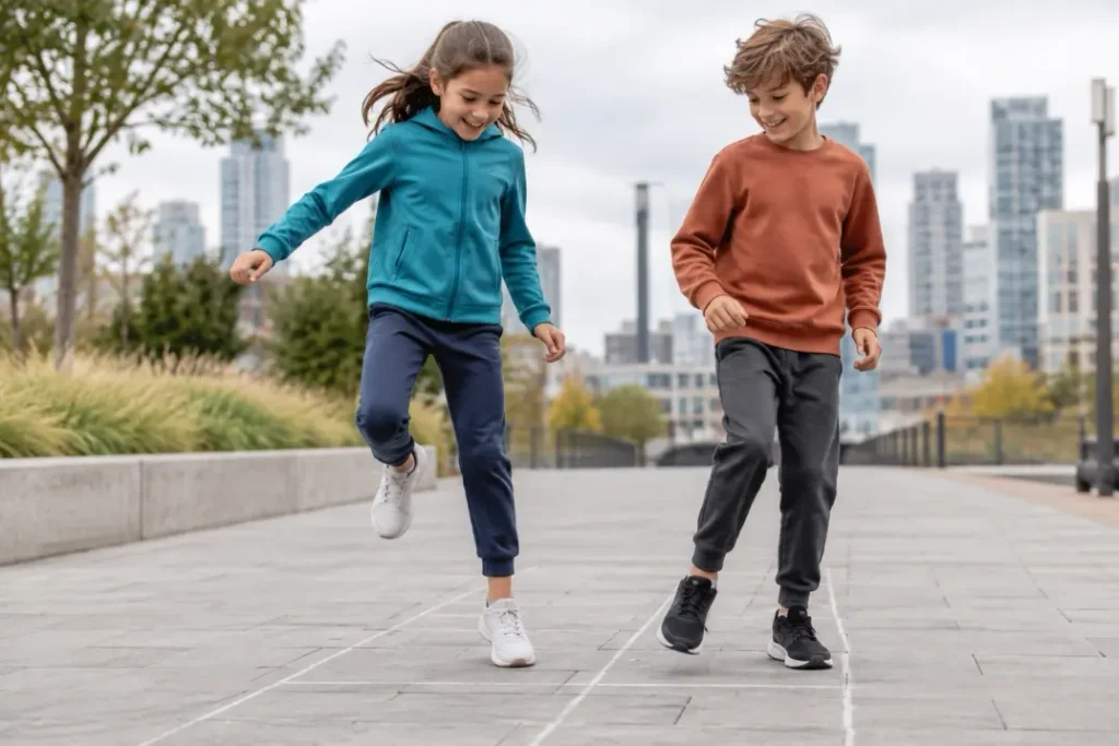 Two children wearing activewear and sneakers playing hopscotch in an urban park.