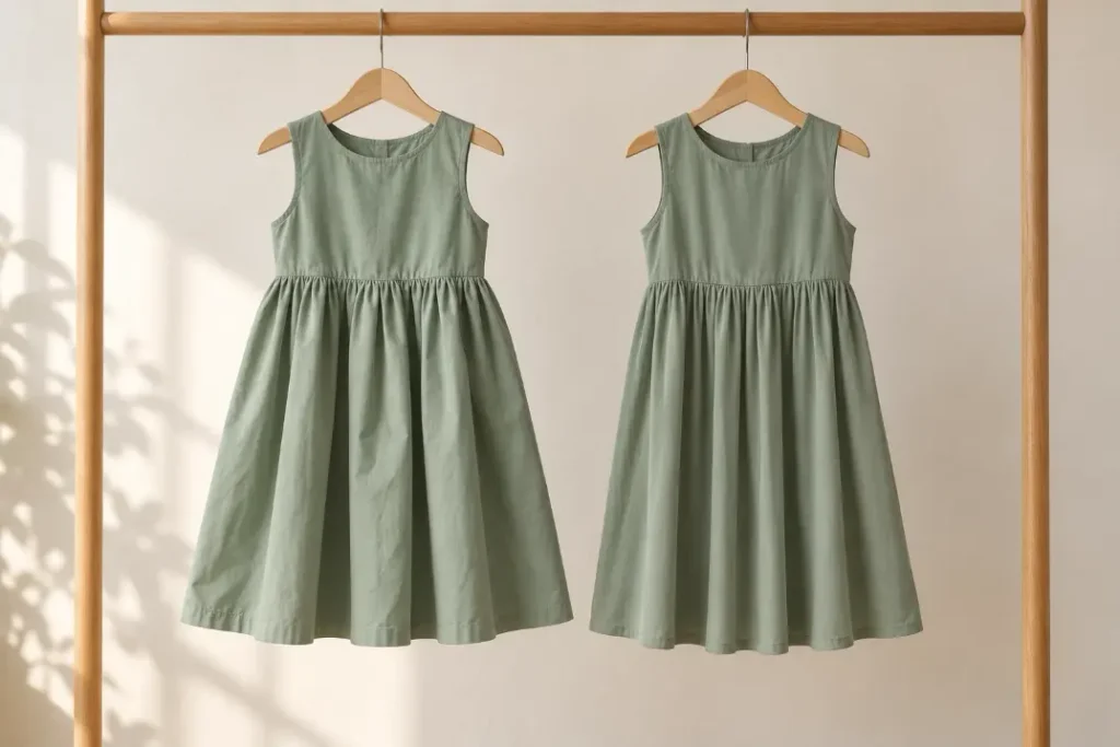 Two sage green children's dresses showing a fuller skirt and a softer, more fluid drape.