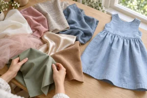 Hands comparing fabric swatches beside a pale blue children's dress on a wooden table.