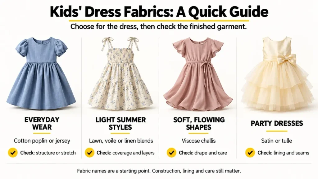 Kids' dress fabric guide comparing everyday, summer, flowing and party styles, with suggested materials and key checks.