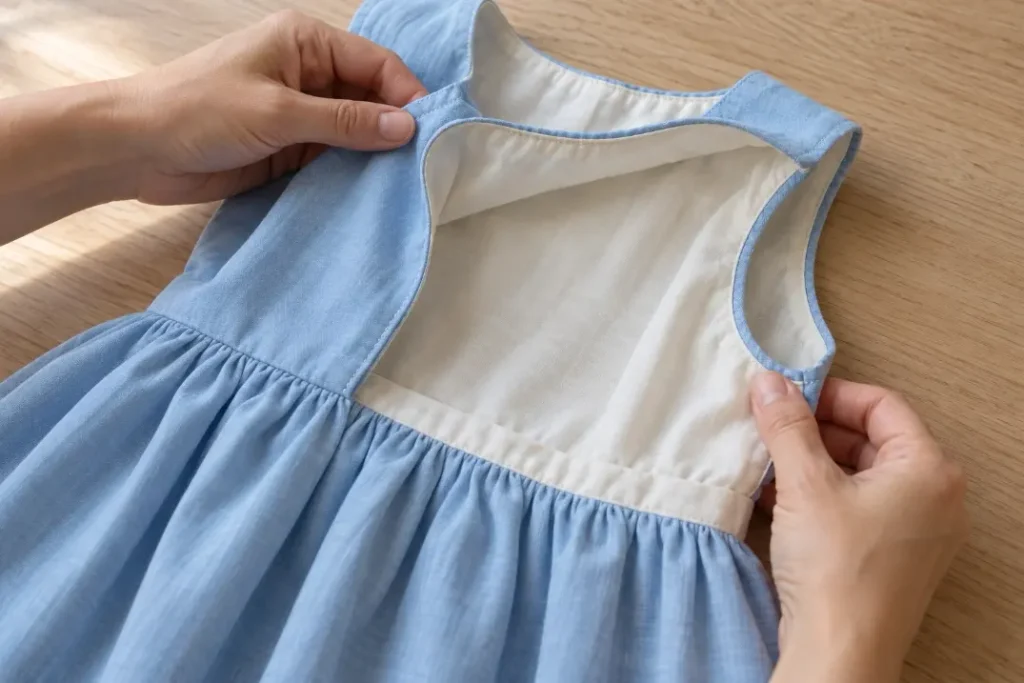 Hands opening a blue children's dress to examine its ivory lining and finished armhole edges.