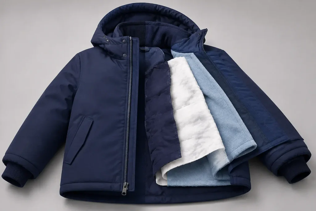 Cutaway view of a kids’ winter coat showing the outer shell, synthetic insulation, lining, storm flap, and cuffs