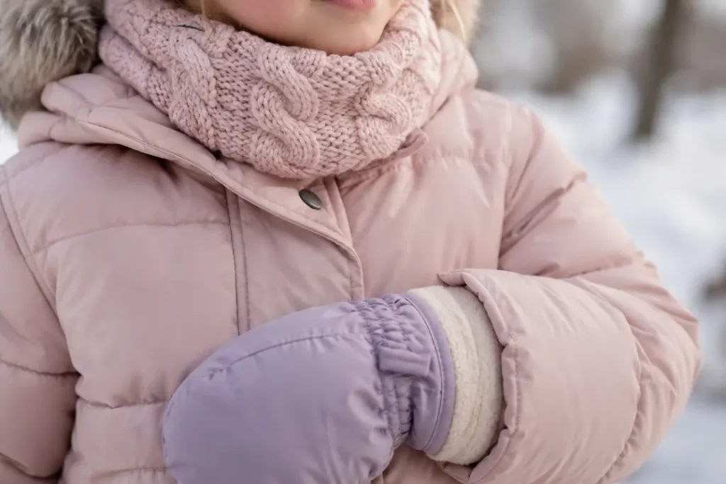 Close-up of a child's pink winter coat, knitted neck warmer and lavender mitten with a fleece inner cuff.