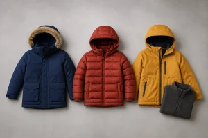 Child testing winter coat fit by standing, reaching across the body, and sitting with arms raised