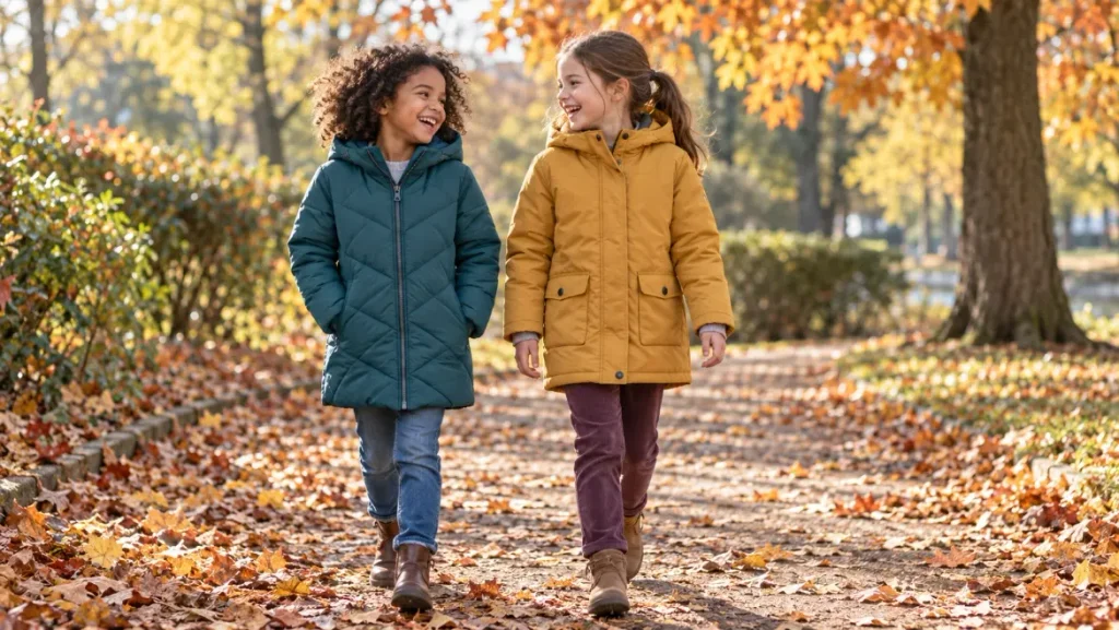 Two children wearing teal and ochre winter coats walk along a leaf-covered park path.