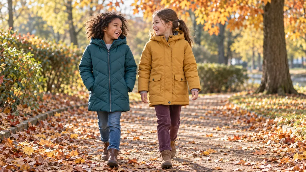 Two children wearing teal and ochre winter coats walk along a leaf-covered park path.