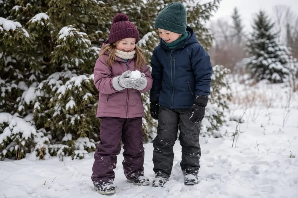 Two children making a snowball in winter jackets, snow pants, knitted hats and mittens beside evergreen trees.