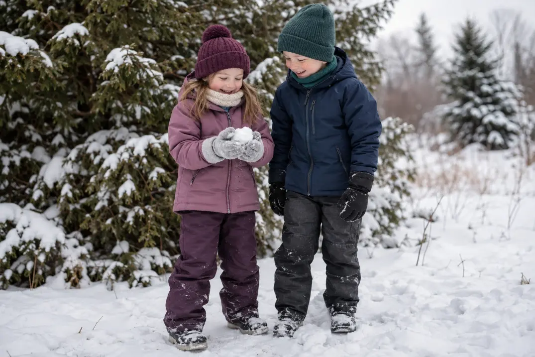 Two children making a snowball in winter jackets, snow pants, knitted hats and mittens beside evergreen trees.