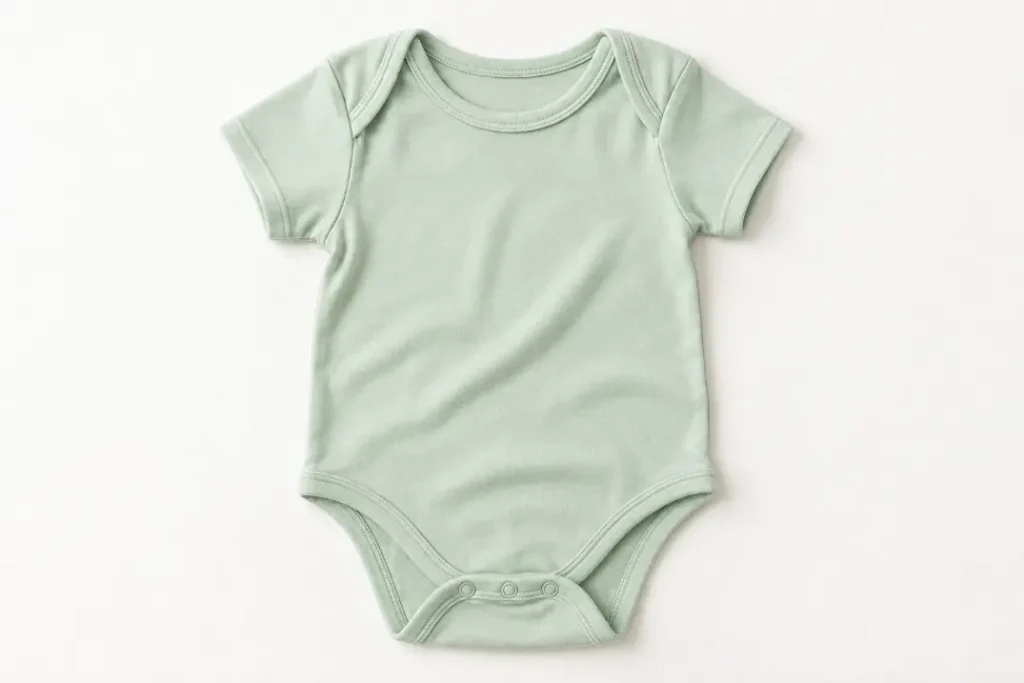Mint green baby bodysuit with envelope shoulders and crotch snaps laid flat on a white background.