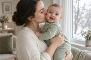 Mother kissing her awake baby wearing a light sage green outfit beside a window in winter.