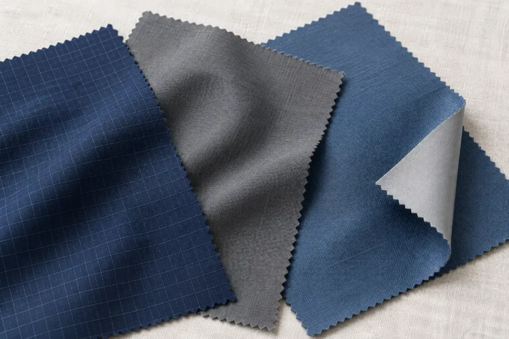 Gros plan sur des échantillons de tissu extérieur de veste montrant une structure ripstop, un tissage fin et une surface enduite retournée.