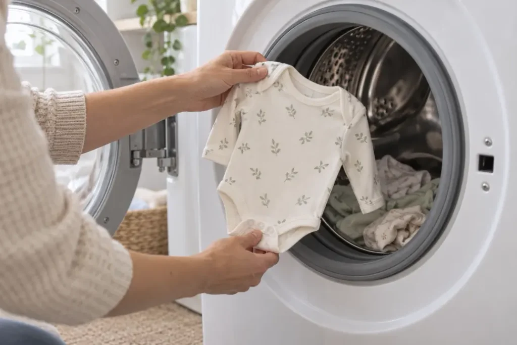 Adult loading an ivory leaf-print baby bodysuit into a front-loading washing machine.