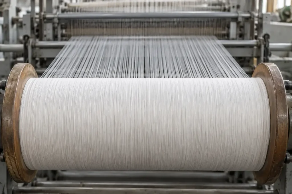 White yarn wound around a textile warp beam with parallel threads feeding into a loom.
