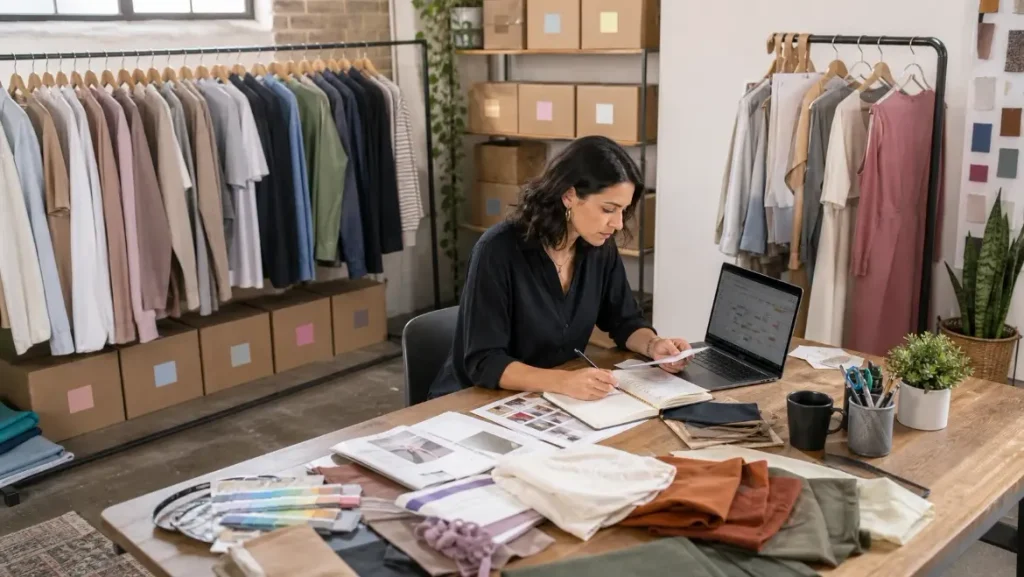 Boutique owner planning ready-made wholesale inventory alongside custom clothing samples