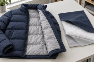 Veste d'hiver bleu marine ouverte à côté d'un échantillon de tissu montrant la couche extérieure, l'isolation blanche et la doublure grise.