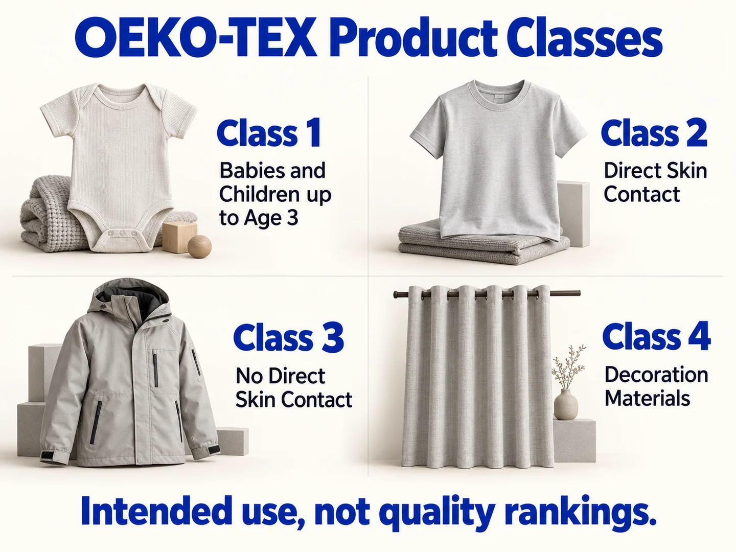 فئات منتجات معيار OEKO-TEX 100 موضحة بملابس الأطفال، والقمصان، والملابس الخارجية، والستائر