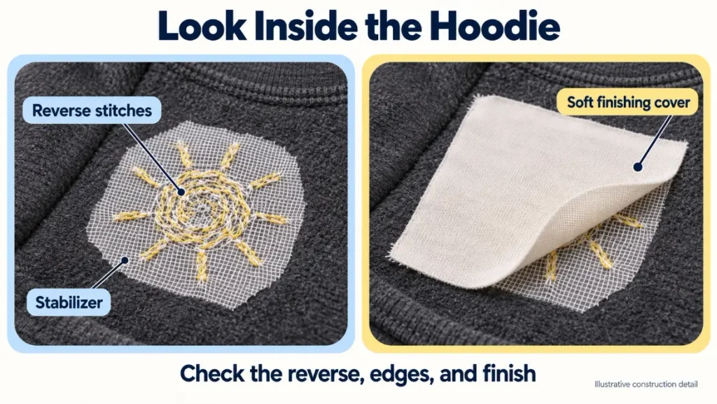 Inside-view illustration of hoodie embroidery showing reverse stitches, stabilizer, and a soft finishing cover.
